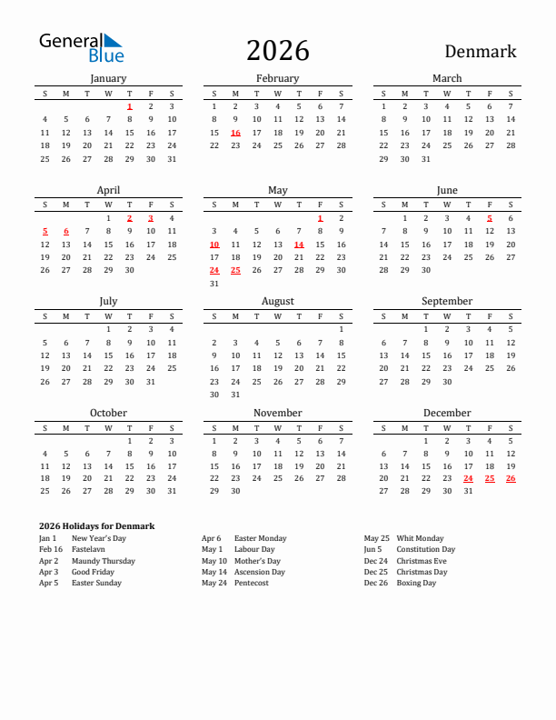 Denmark Holidays Calendar for 2026