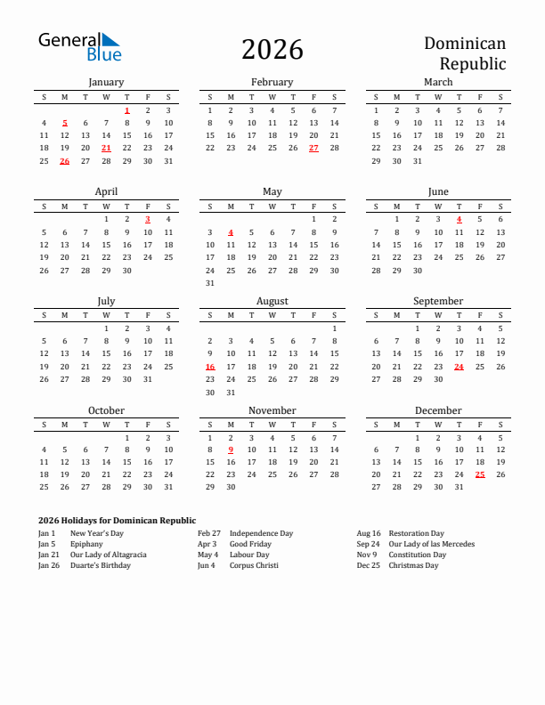 Dominican Republic Holidays Calendar for 2026