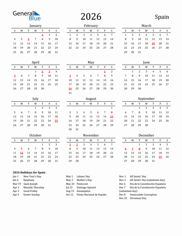 Spain Holidays Calendar for 2026