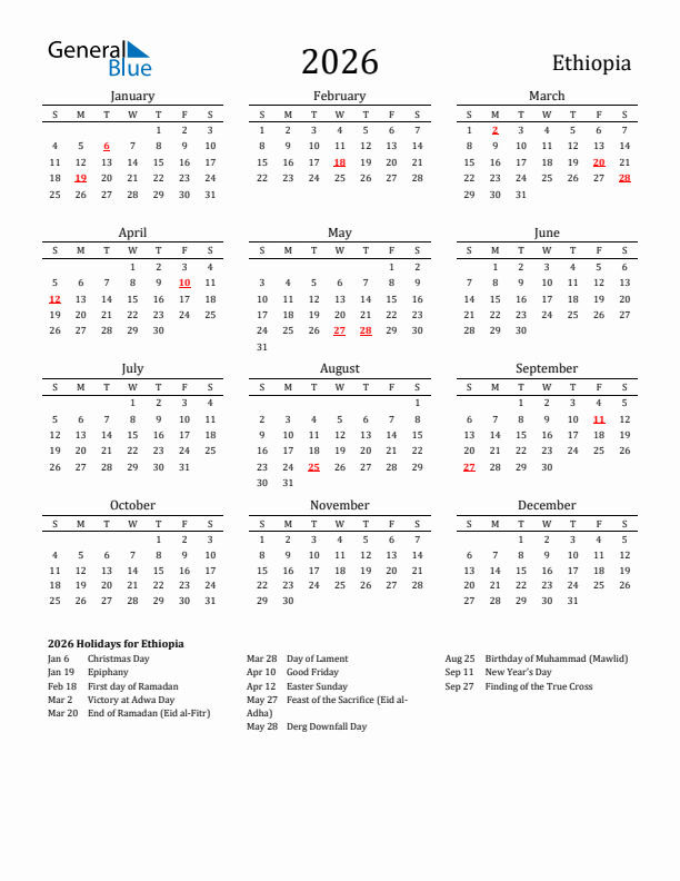 Ethiopia Holidays Calendar for 2026