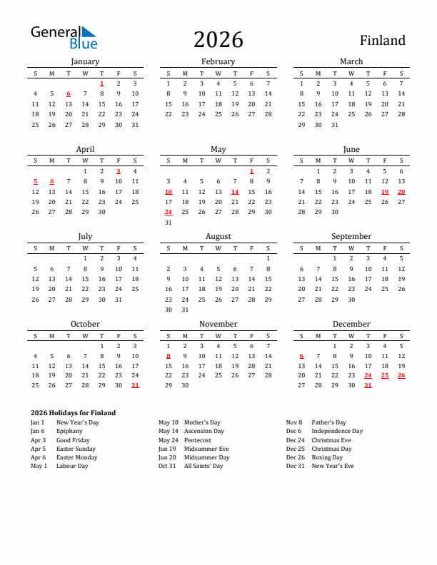 Finland Holidays Calendar for 2026