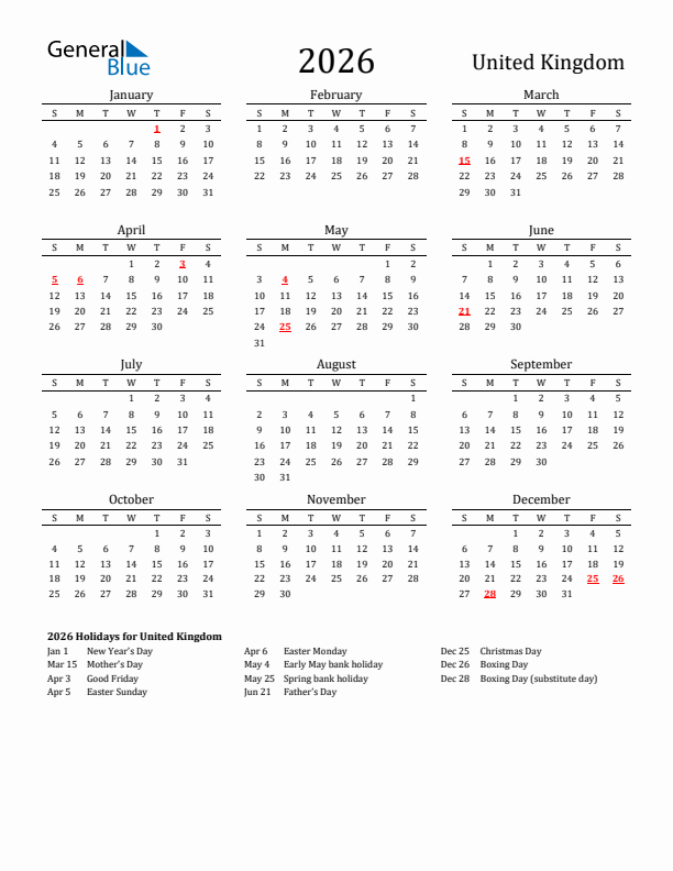 United Kingdom Holidays Calendar for 2026