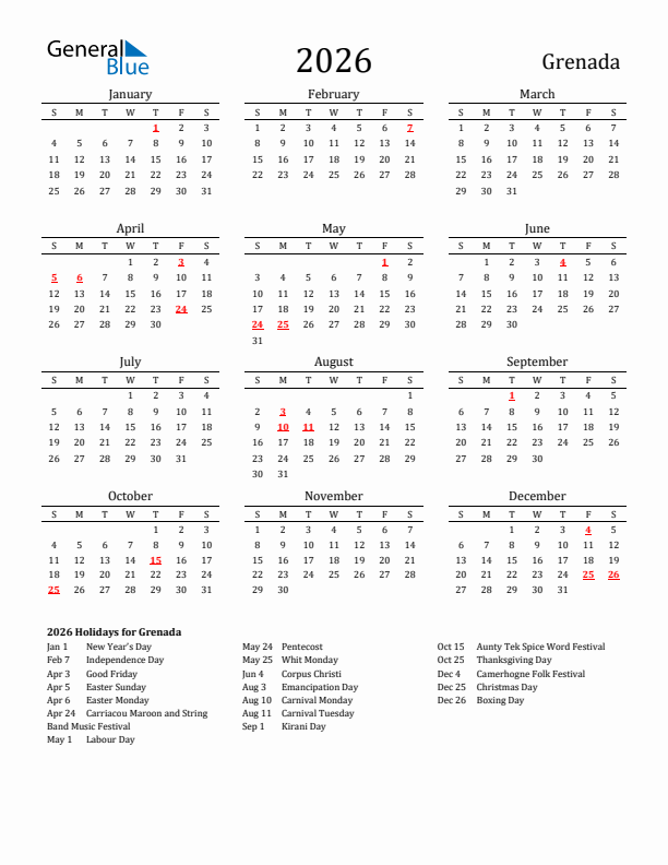 Grenada Holidays Calendar for 2026