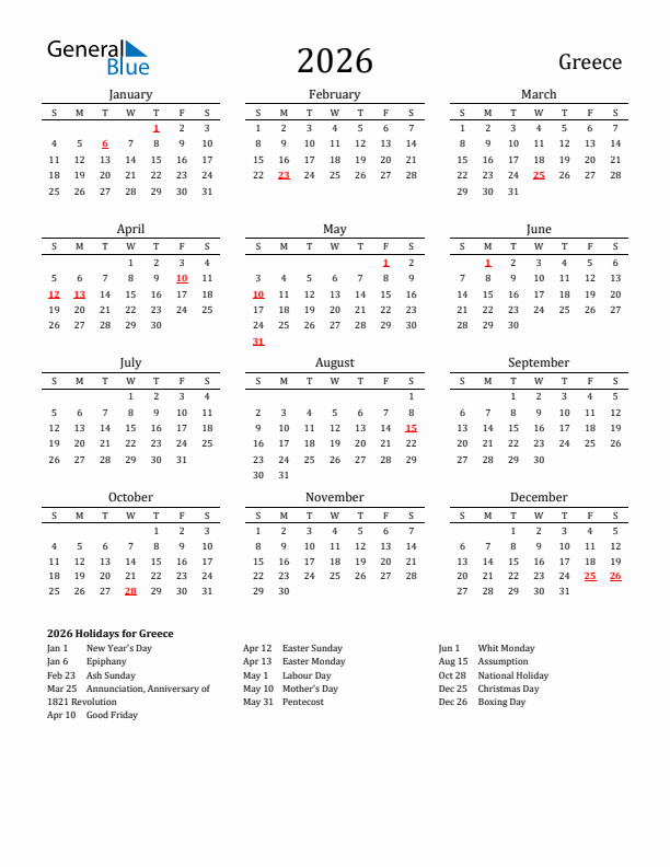 Greece Holidays Calendar for 2026