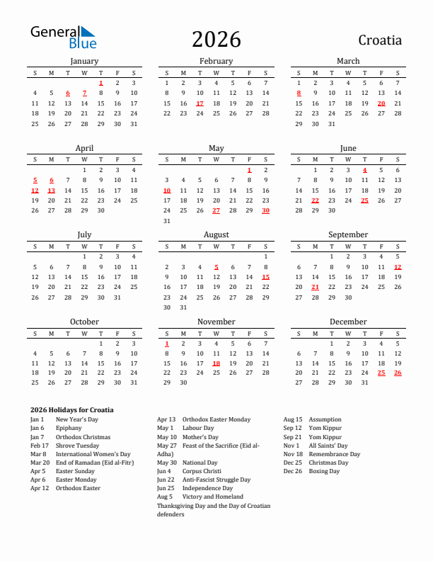 Croatia Holidays Calendar for 2026