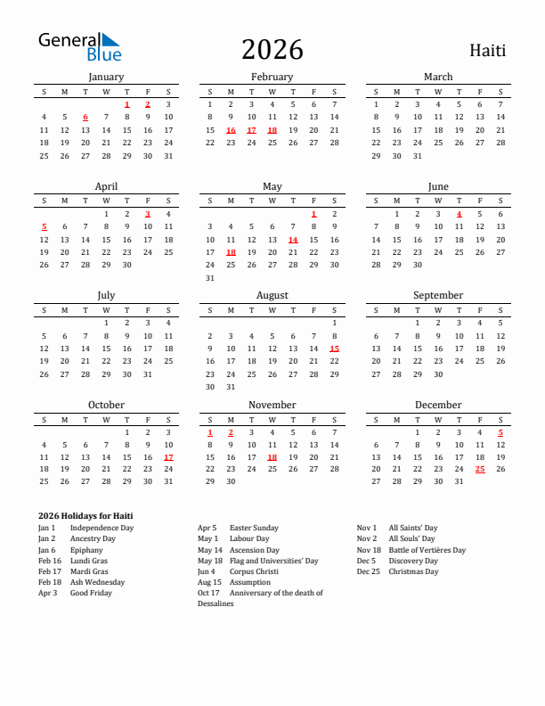 Haiti Holidays Calendar for 2026