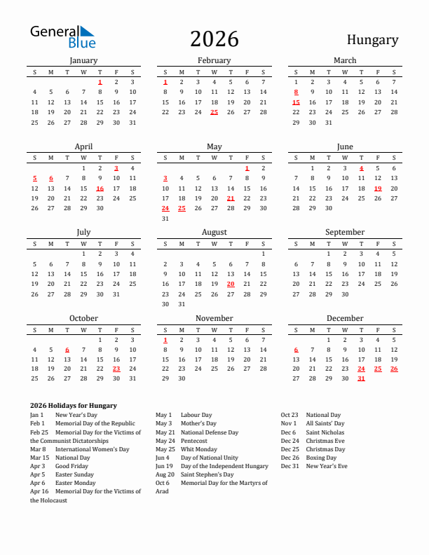 Hungary Holidays Calendar for 2026