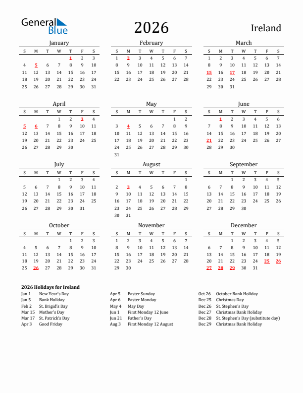 Ireland Holidays Calendar for 2026