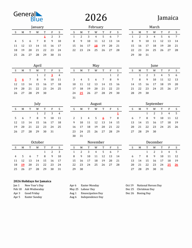 Jamaica Holidays Calendar for 2026