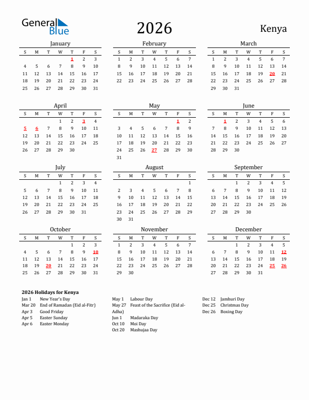 Kenya Holidays Calendar for 2026