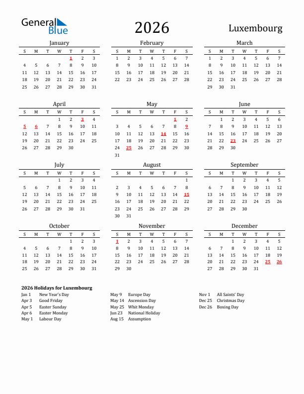 Luxembourg Holidays Calendar for 2026