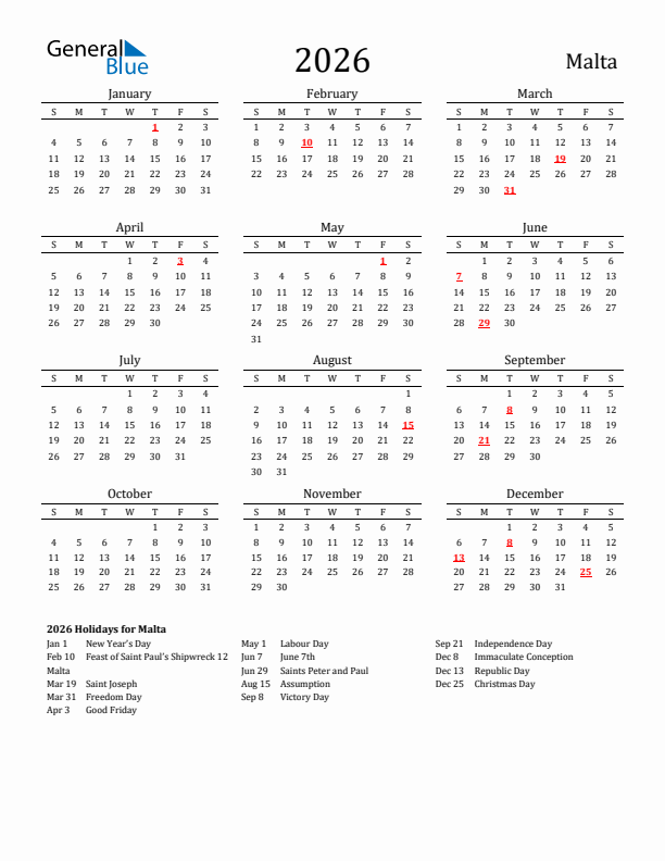 Malta Holidays Calendar for 2026