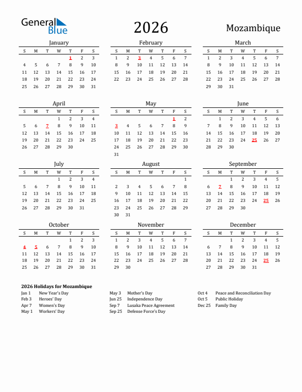 Mozambique Holidays Calendar for 2026