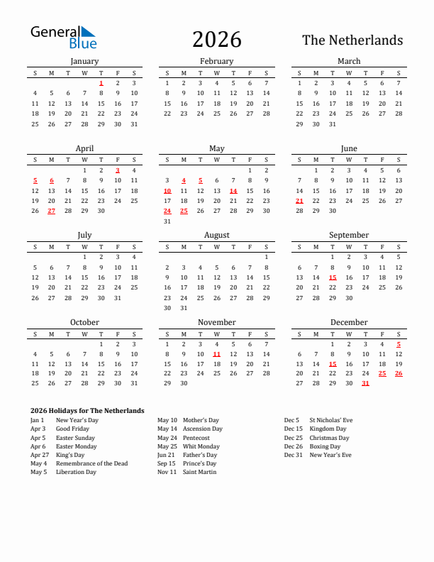 The Netherlands Holidays Calendar for 2026