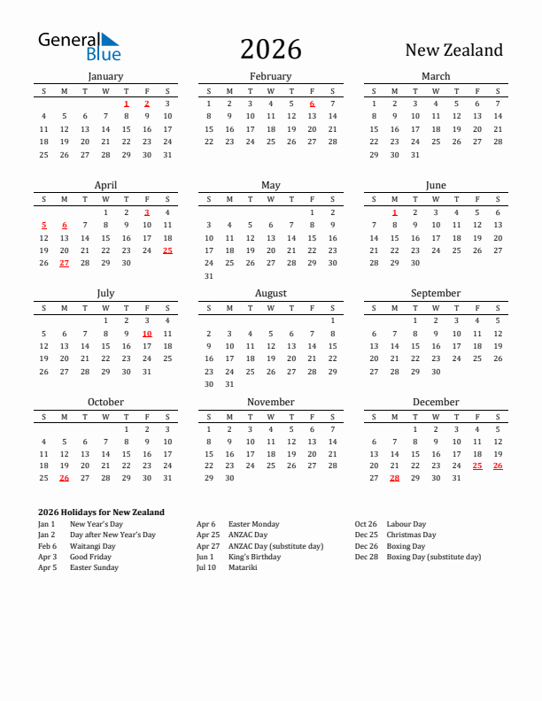 New Zealand Holidays Calendar for 2026