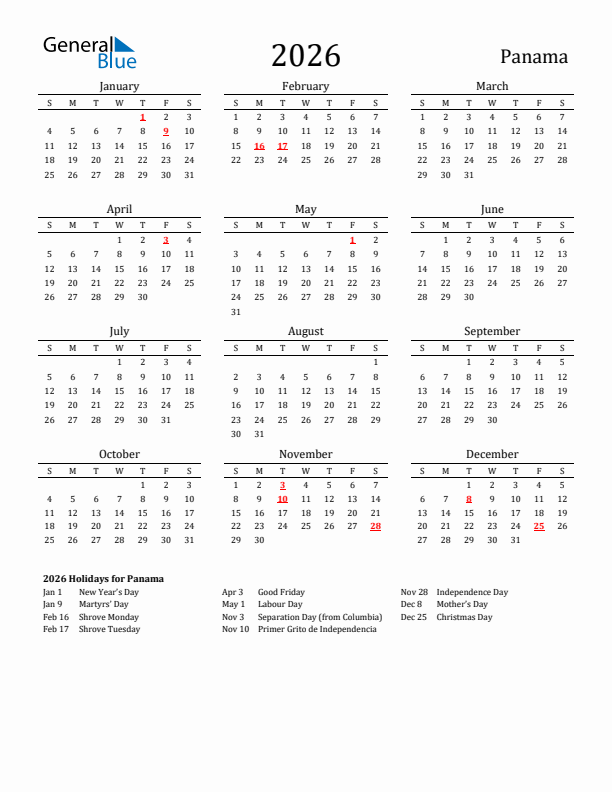 Panama Holidays Calendar for 2026