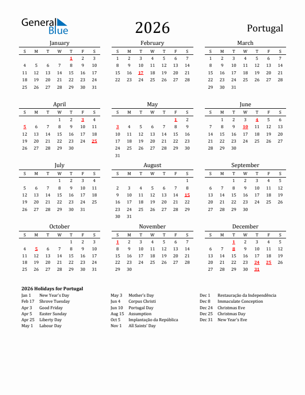 Portugal Holidays Calendar for 2026