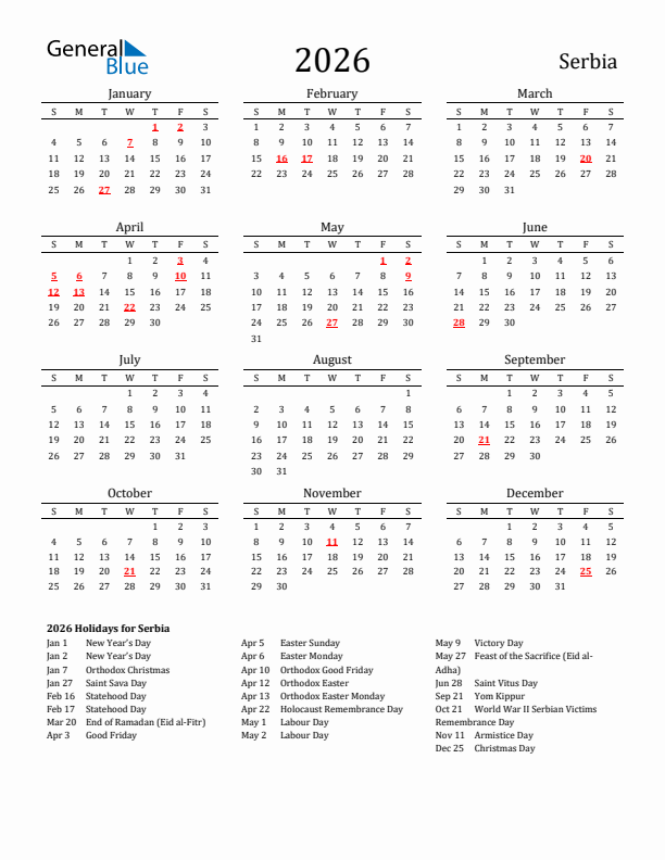 Serbia Holidays Calendar for 2026