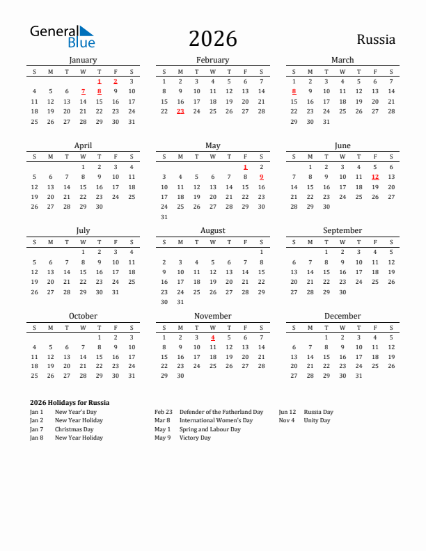 Russia Holidays Calendar for 2026