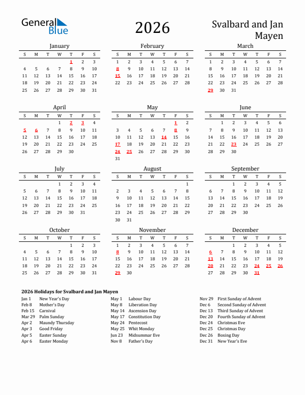 Svalbard and Jan Mayen Holidays Calendar for 2026