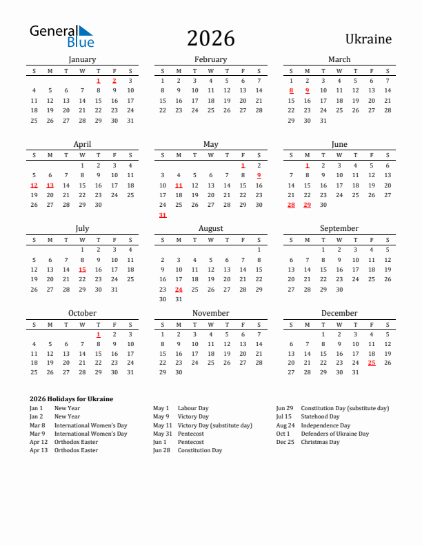 Ukraine Holidays Calendar for 2026