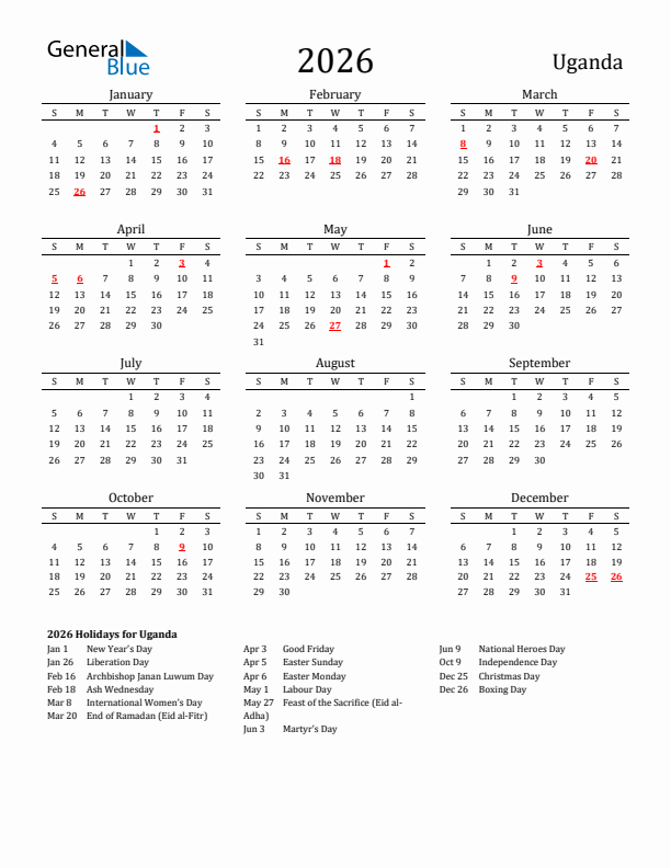 Uganda Holidays Calendar for 2026