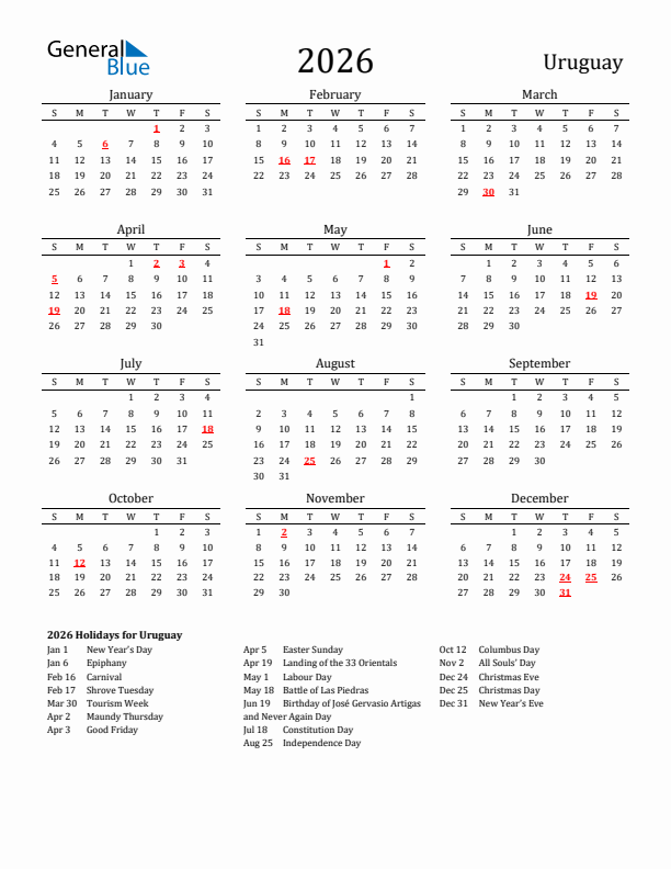 Uruguay Holidays Calendar for 2026