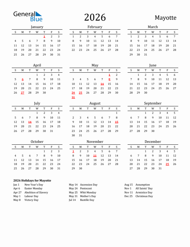 Mayotte Holidays Calendar for 2026