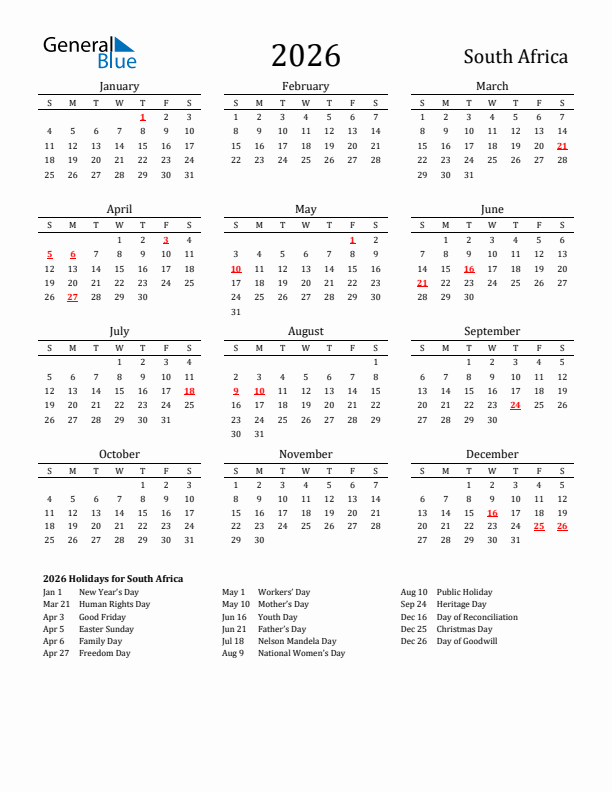 South Africa Holidays Calendar for 2026