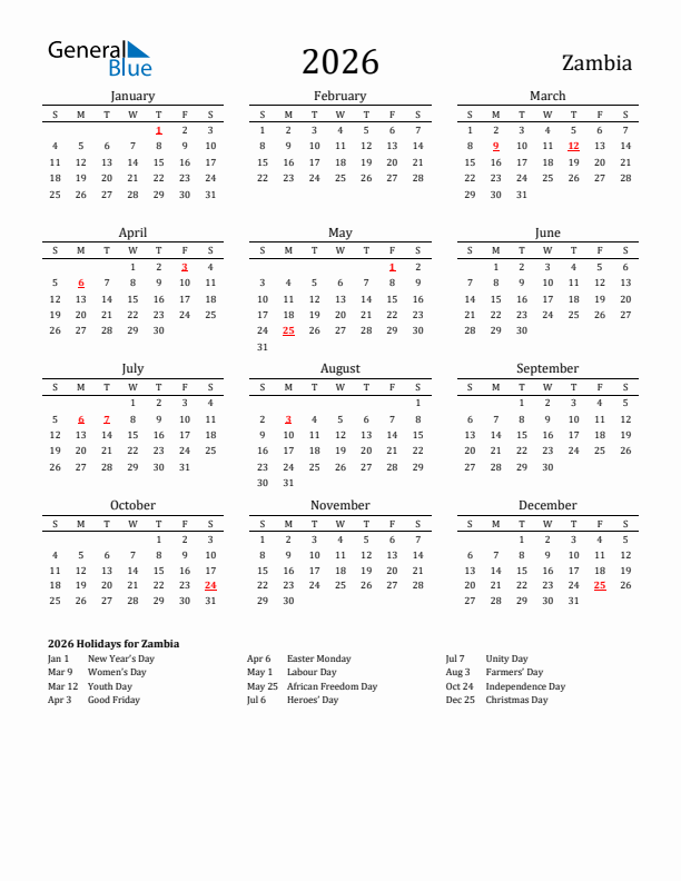 Zambia Holidays Calendar for 2026