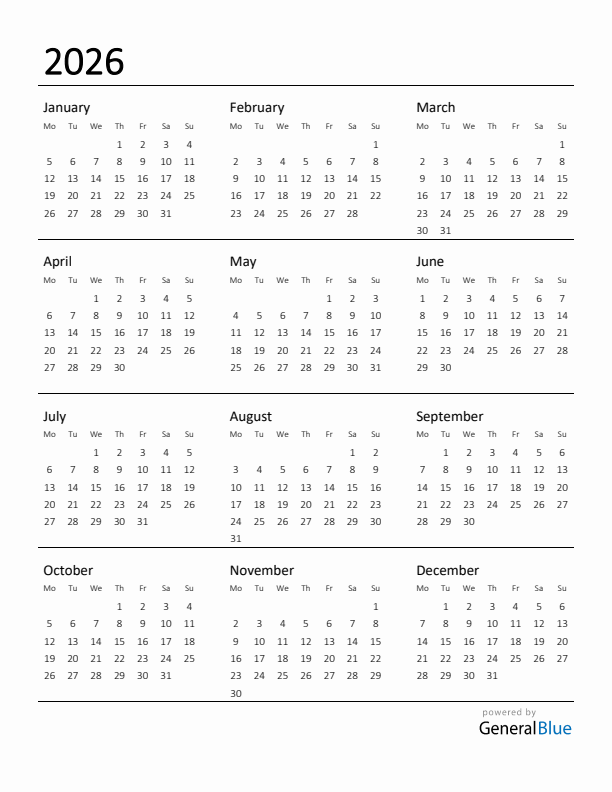 Printable Calendar for 2026