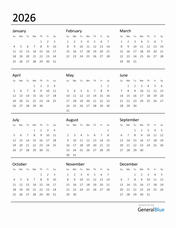 Printable Calendar for 2026