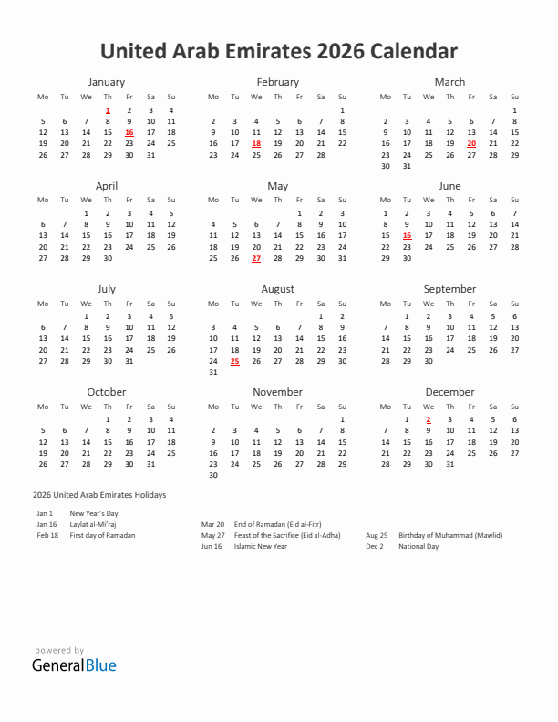 2026 Yearly Calendar Printable With United Arab Emirates Holidays