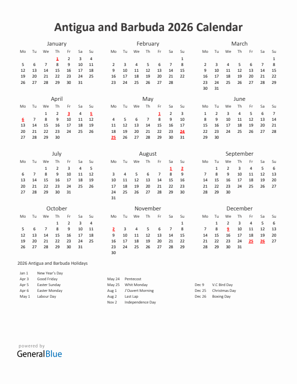 2026 Yearly Calendar Printable With Antigua and Barbuda Holidays