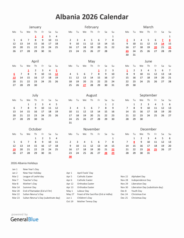 2026 Yearly Calendar Printable With Albania Holidays