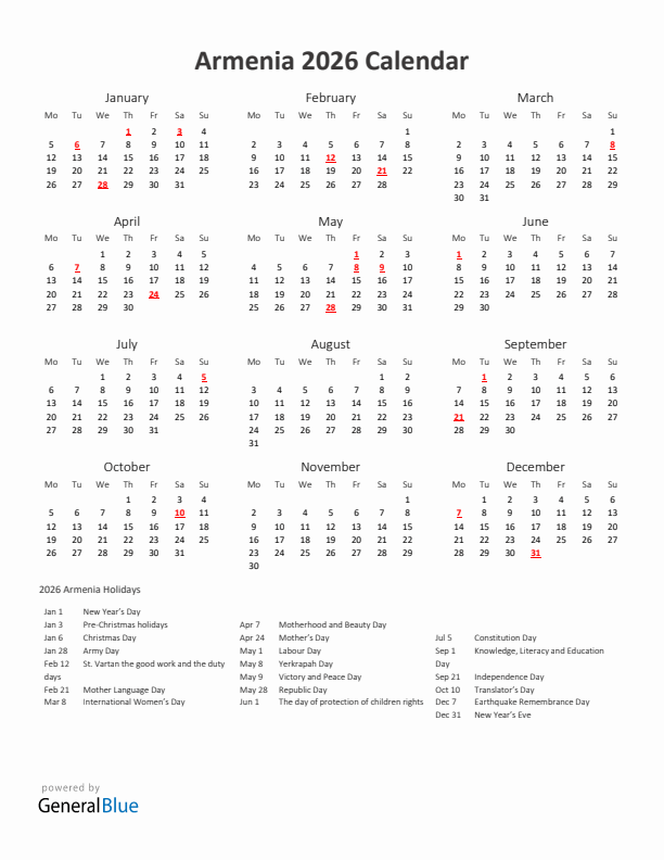 2026 Yearly Calendar Printable With Armenia Holidays