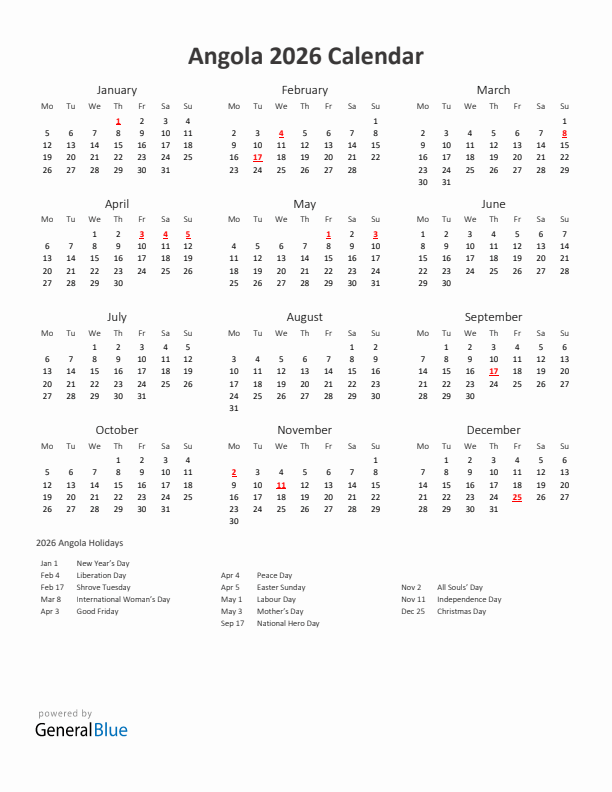 2026 Yearly Calendar Printable With Angola Holidays