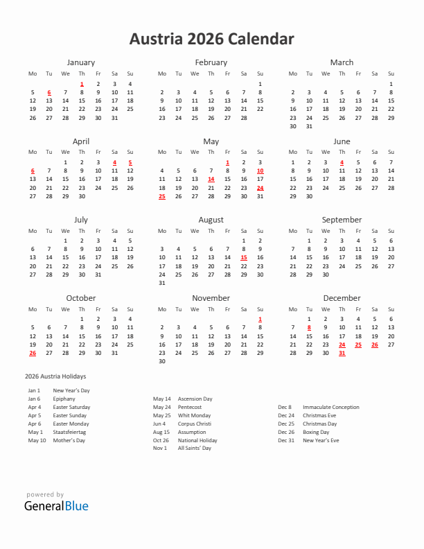 2026 Yearly Calendar Printable With Austria Holidays