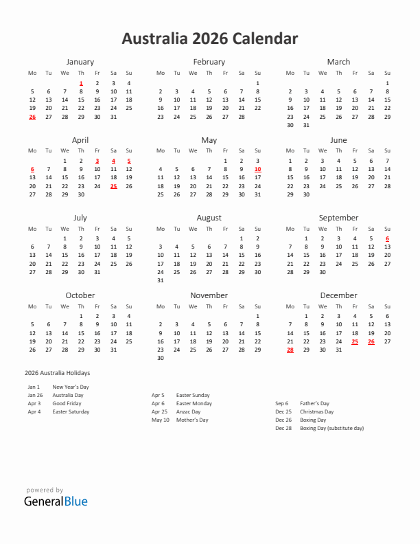 2026 Yearly Calendar Printable With Australia Holidays