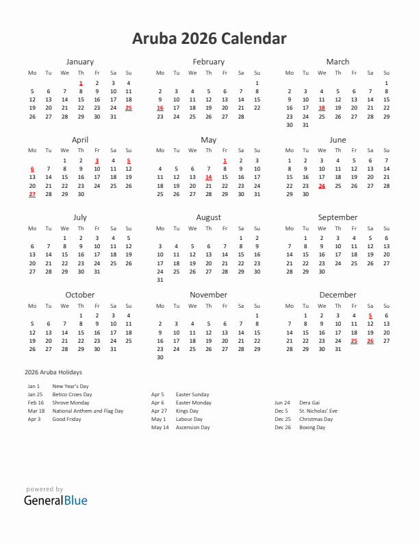 2026 Yearly Calendar Printable With Aruba Holidays