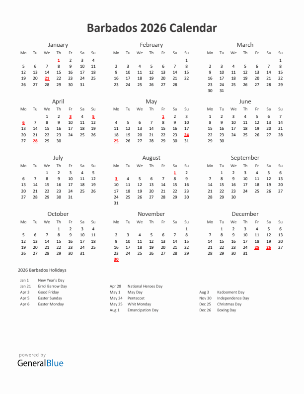 2026 Yearly Calendar Printable With Barbados Holidays