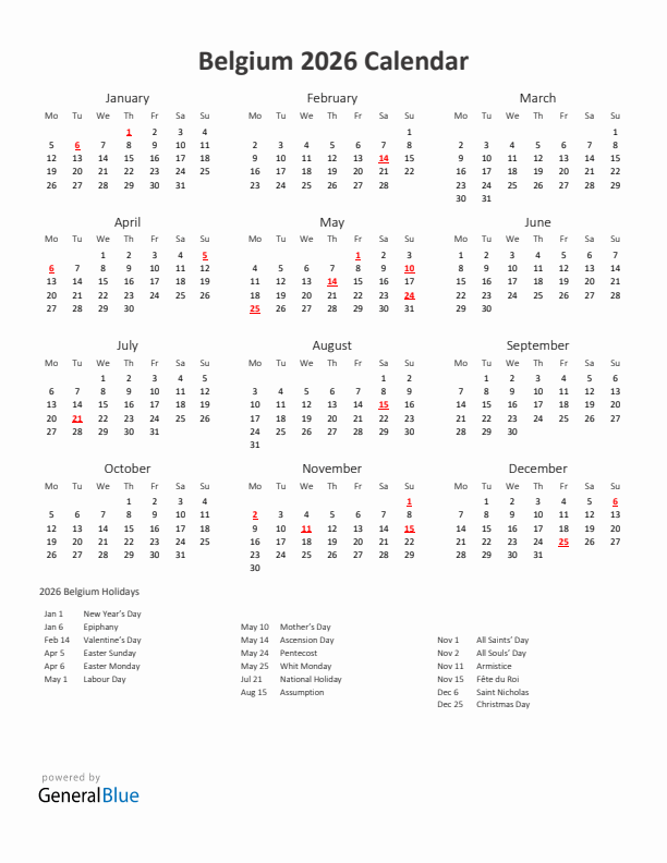 2026 Yearly Calendar Printable With Belgium Holidays