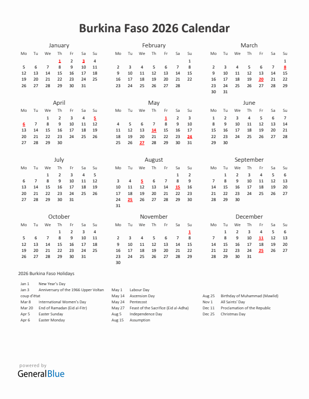 2026 Yearly Calendar Printable With Burkina Faso Holidays