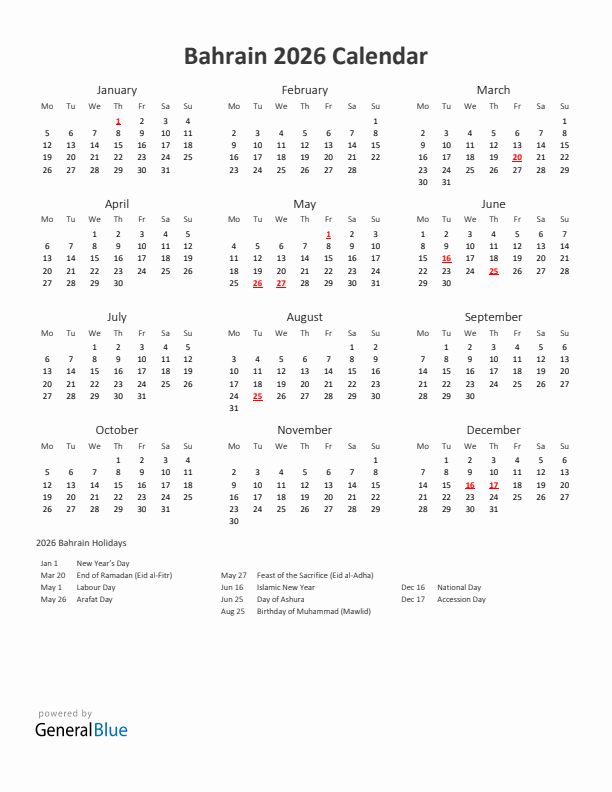 2026 Yearly Calendar Printable With Bahrain Holidays