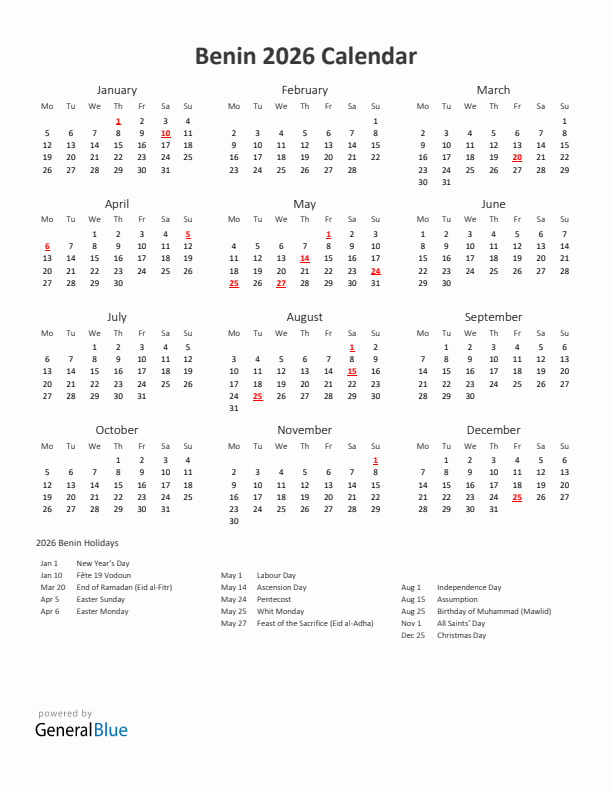 2026 Yearly Calendar Printable With Benin Holidays