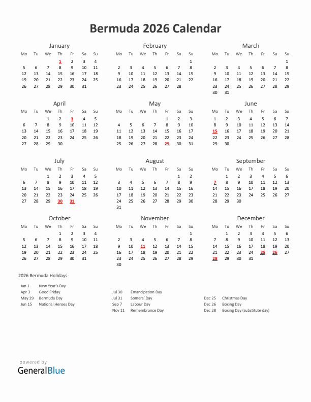 2026 Yearly Calendar Printable With Bermuda Holidays