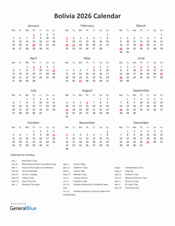 2026 Yearly Calendar Printable With Bolivia Holidays