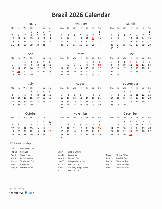 2026 Yearly Calendar Printable With Brazil Holidays