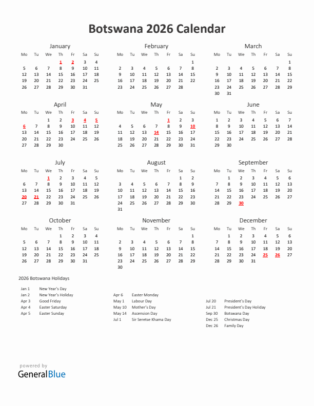 2026 Yearly Calendar Printable With Botswana Holidays