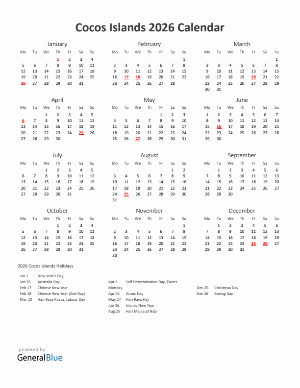 2026 Yearly Calendar Printable With Cocos Islands Holidays